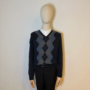 Claiborne Men’s Blue Argyle V-Neck Sweater - 100% Cotton - Size M